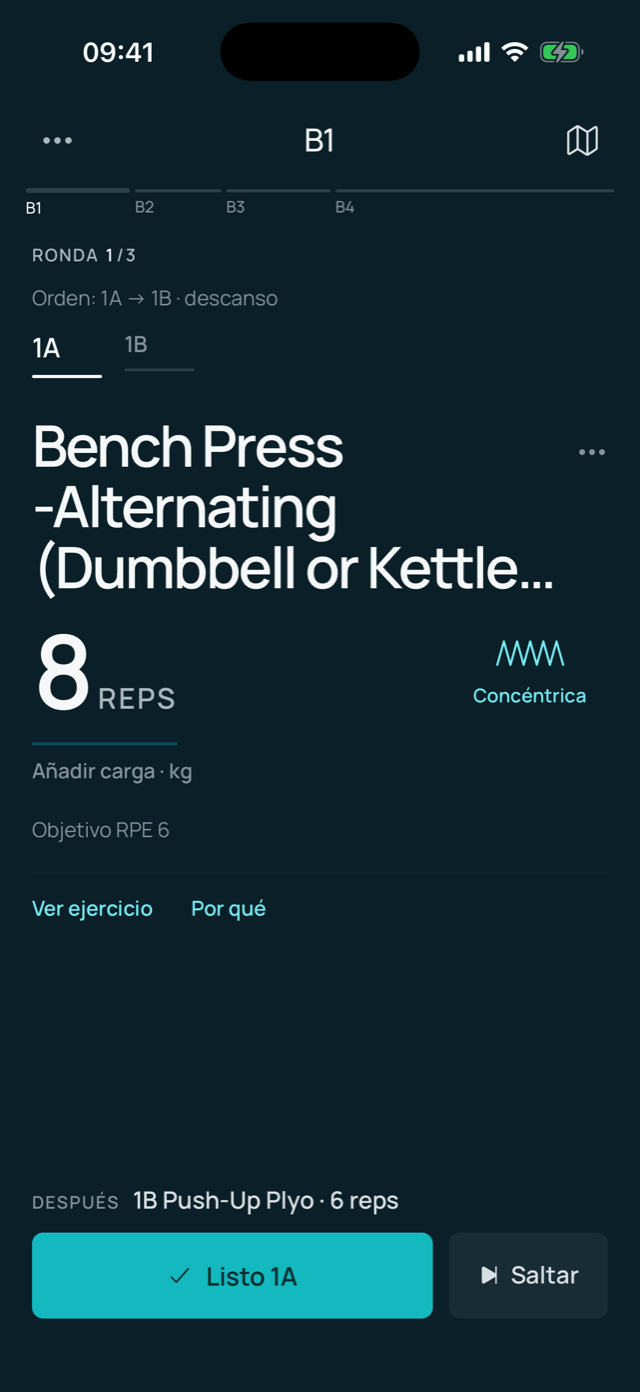 Ejecución de un ejercicio con repeticiones, peso y esfuerzo objetivo