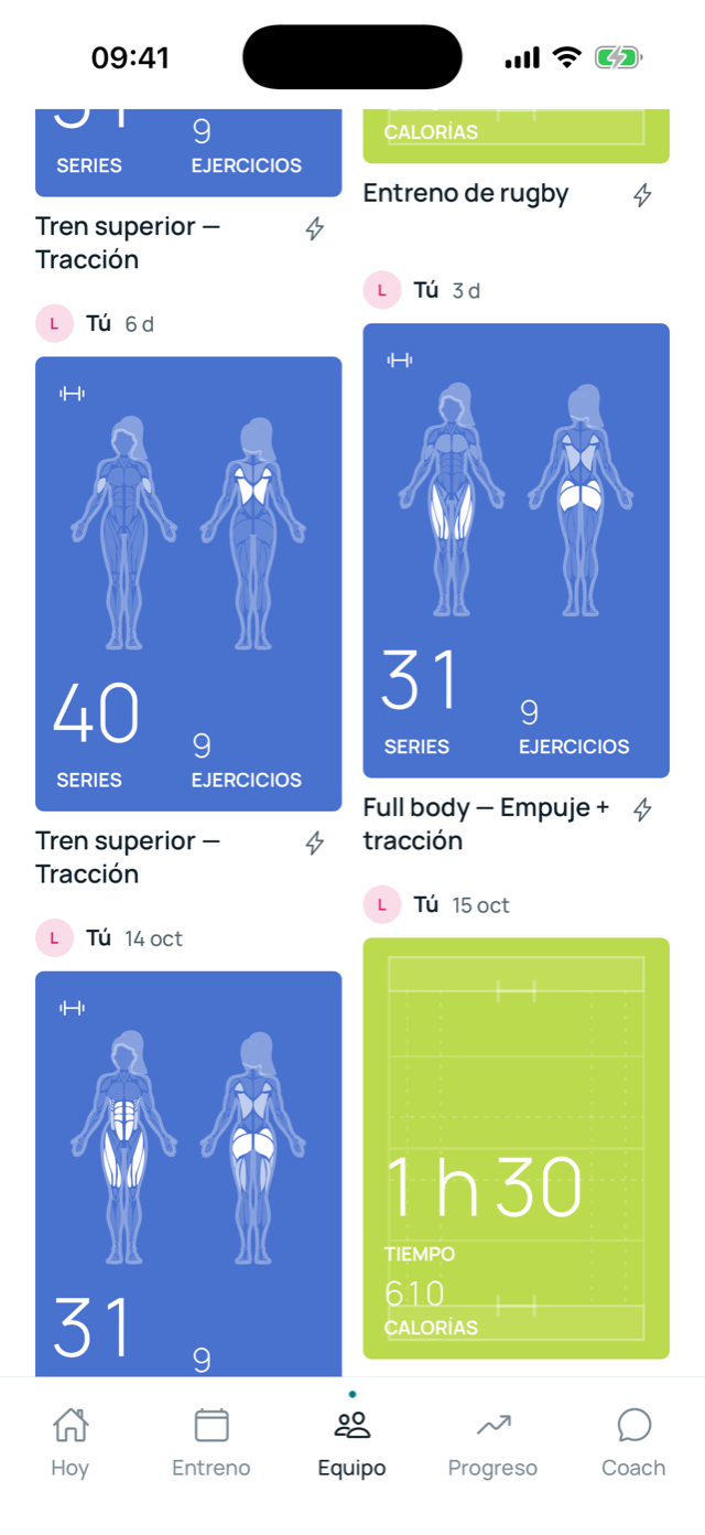 Feed de Equipo con los entrenos compartidos